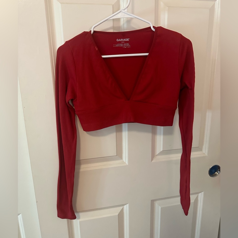 Garage V Neck Long Sleeve Red Crop Top - Medium